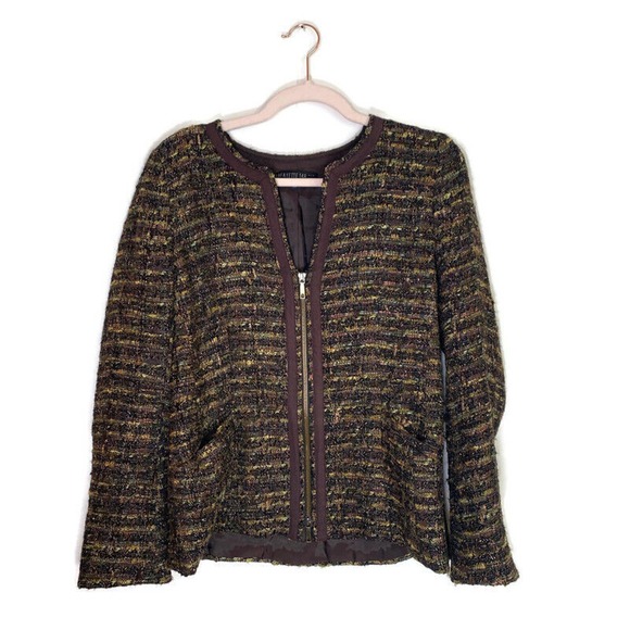 Lafayette 148 Jacket Blazer Sz 10 Zip Front Lined Tweed Brown Multicolor - Picture 1 of 10